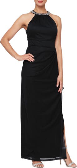 Embellished Halter Ruched Column Formal Gown