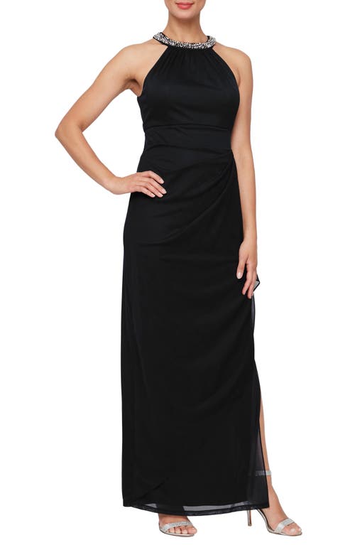 Alex Evenings Embellished Halter Ruched Column Formal Gown in Black at Nordstrom, Size 6