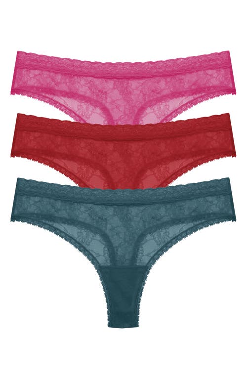 Shop Natori Bliss Alure 3-pack Lace Thongs In Crystal Teal/samba Red/pink