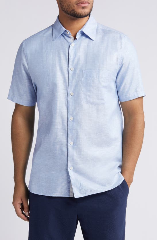 Shop Ted Baker Palomas Regular Fit Short Sleeve Linen & Cotton Button-up Shirt In Blue