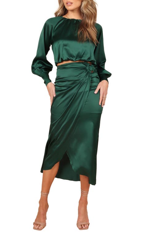 Petal & Pup Natasha Long Sleeve Satin Crop Top & Skirt Set in Emerald Green at Nordstrom, Size Small