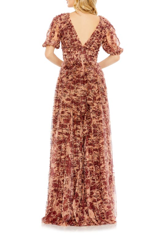 Shop Mac Duggal Floral Ruffle V-neck Gown In Burgundy/beige