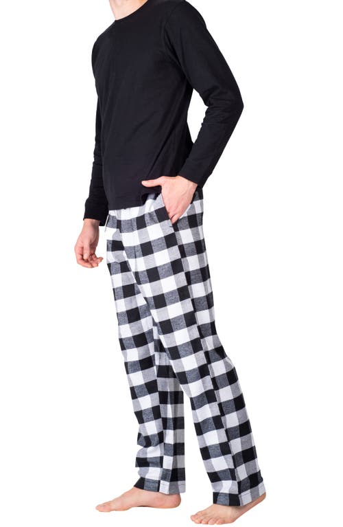 Sleephero Long Sleeve Pajama T-shirt & Buffalo Check Fleece Pajama Pants Set In Black With White Buffalo Check