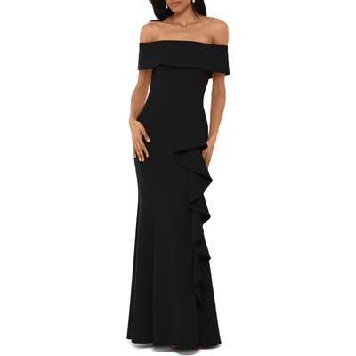 Betsy & Adam Off The Shoulder Front Ruffle Scuba Crepe Gown, Black