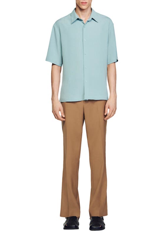 Shop Sandro New Pleated Short Sleeve Button-up Shirt In Light Blue