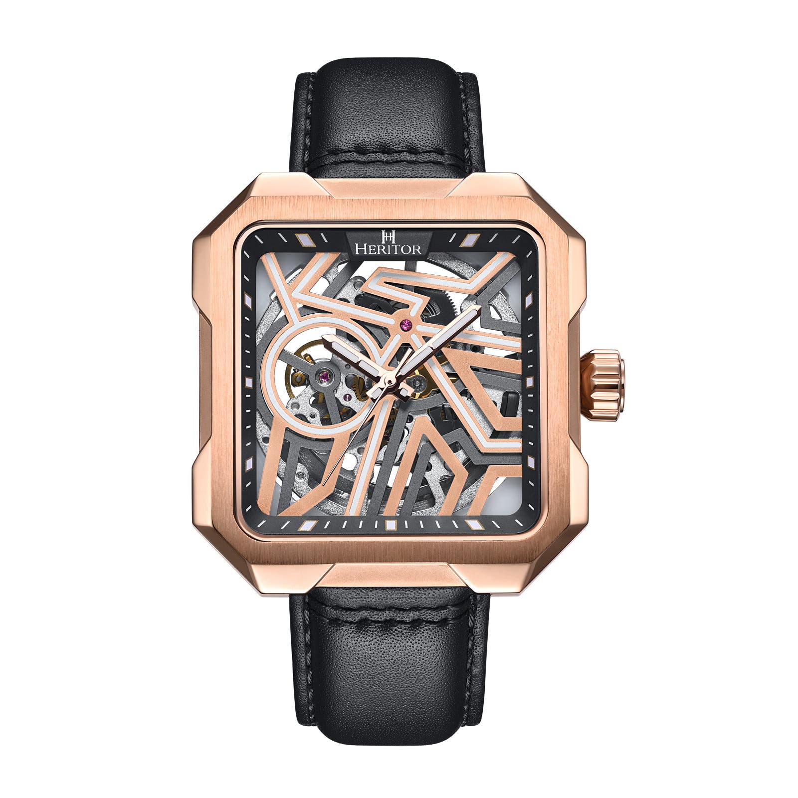 Heritor Automatic Campbell Leather-Band Skeleton Watch in Rose Gold/black Cover