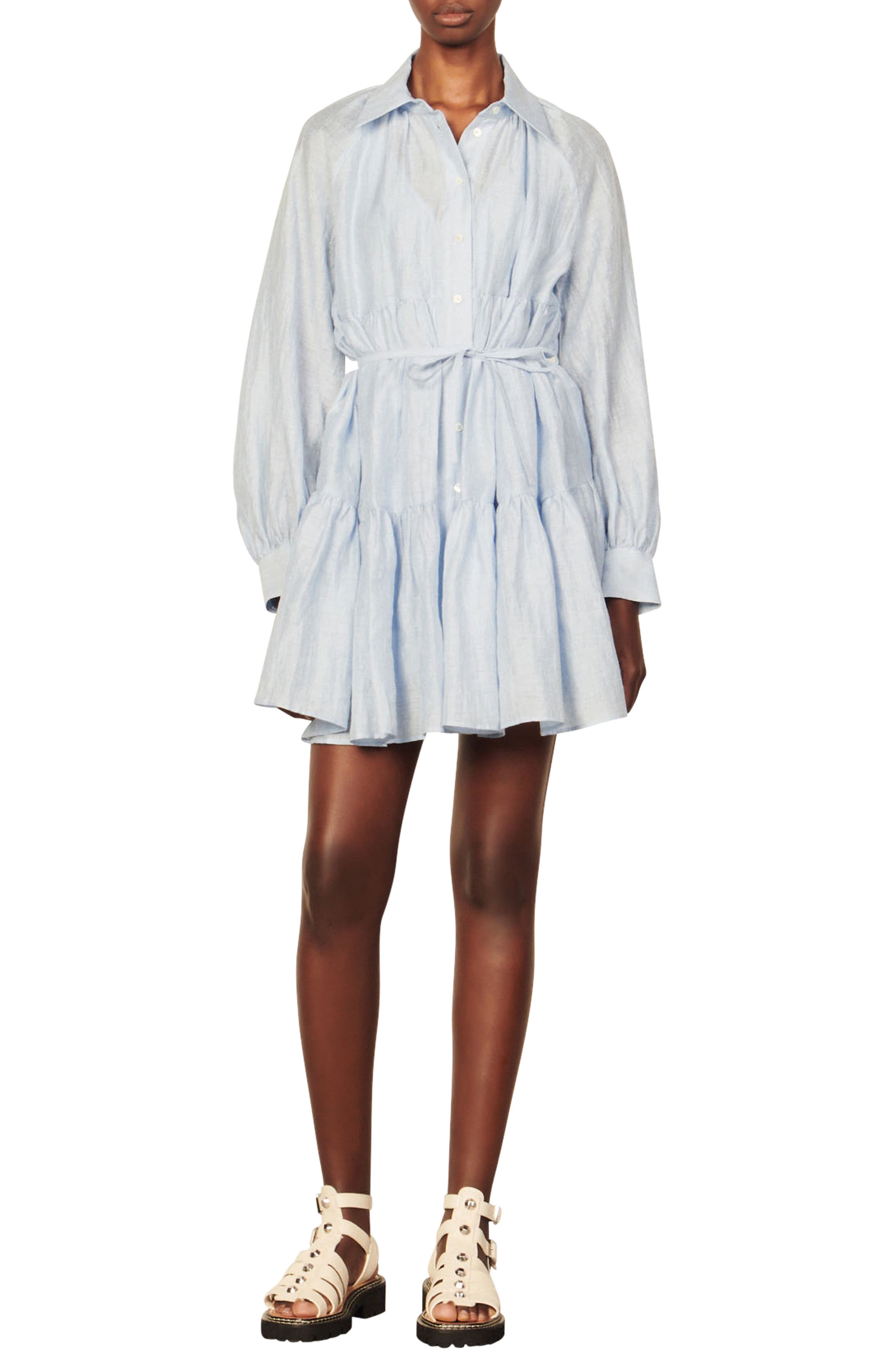 Pleated Linen MIDI  MAXi Dress Chelsea Collar and Bishop Sleeves Women Linen MIDI  MAXI Dress with Long Sleeves and White Sailor Collar