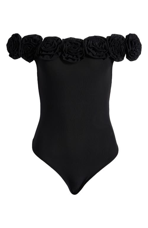 Shop Afrm Solange Rosette Off The Shoulder Mesh Bodysuit In Noir