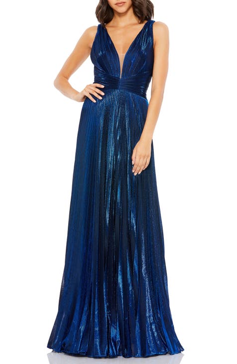 Metallic Pleated Plunge Gown