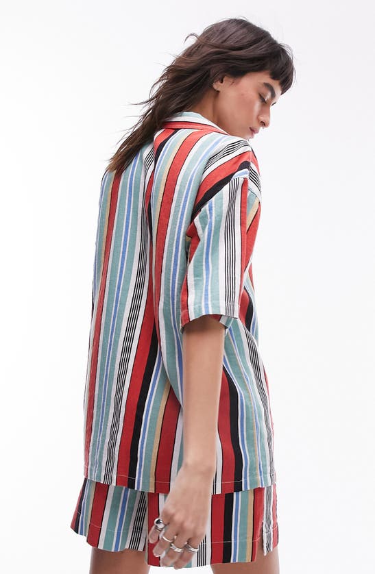 Shop Topshop Stripe Oversize Linen Blend Button-up Shirt In White Multi