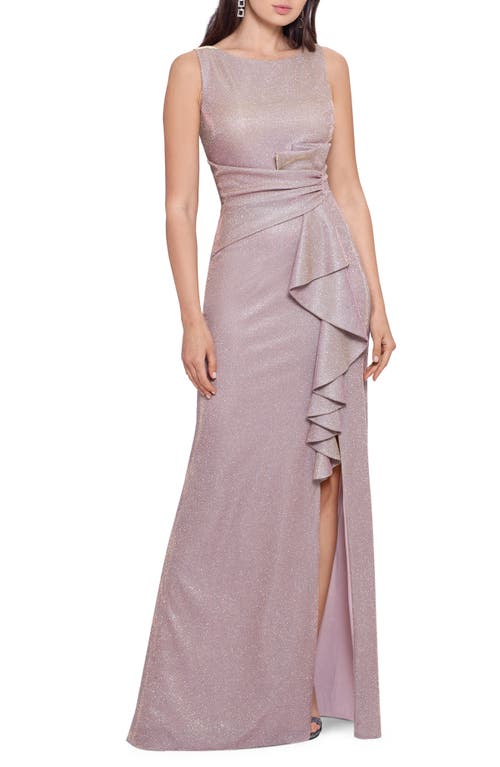 Shop Betsy & Adam Glitter Cascading Ruffle Gown In Pink/gold