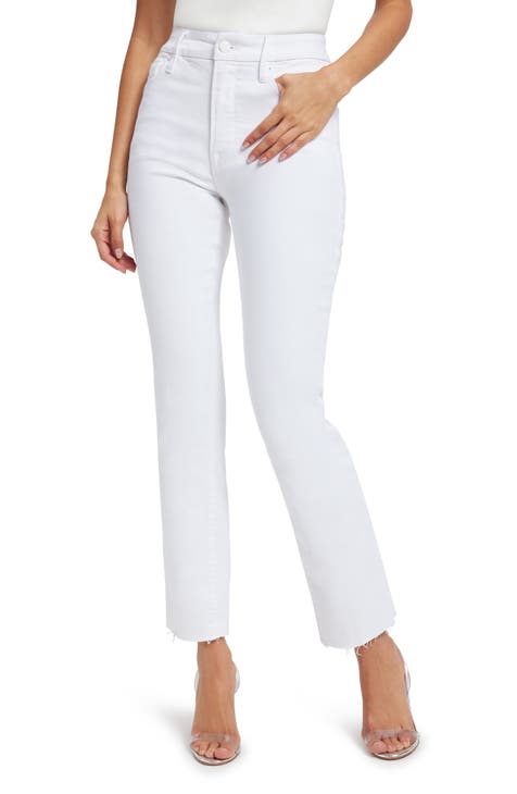 Good Straight High Waist Raw Hem Straight Leg Jeans (White 037) (Regular & Plus Size)