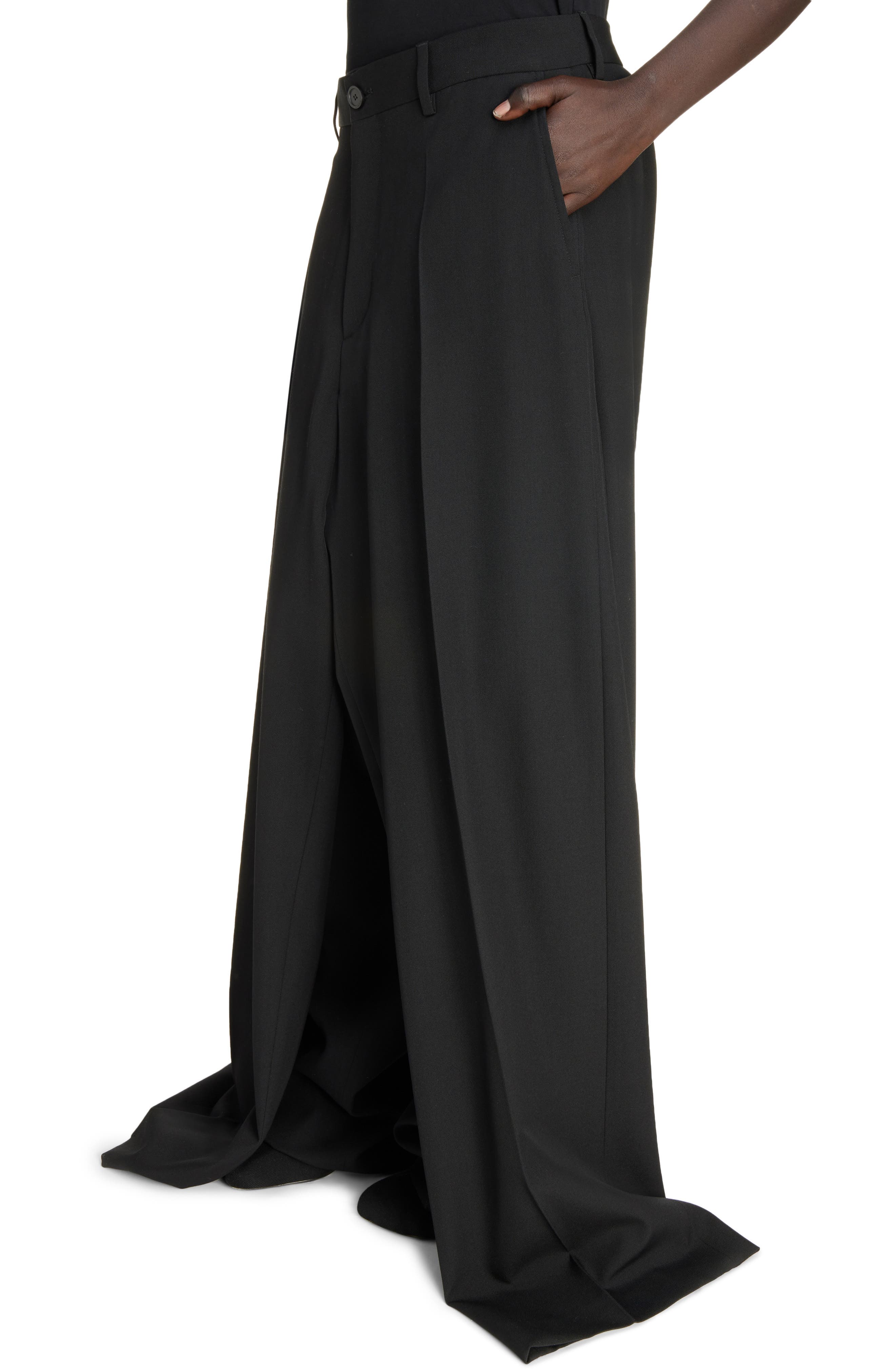 Balenciaga Double Front Wide Leg Wool Trousers in Black