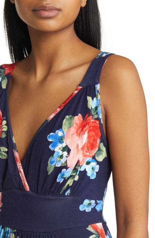 Loveappella Floral Surplice V-neck Knit Maxi Dress In Navy/red
