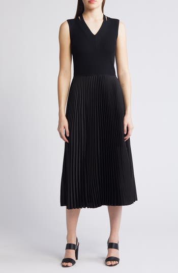 BOSS Farara Mixed Media Sleeveless Pleated Dress | Nordstrom