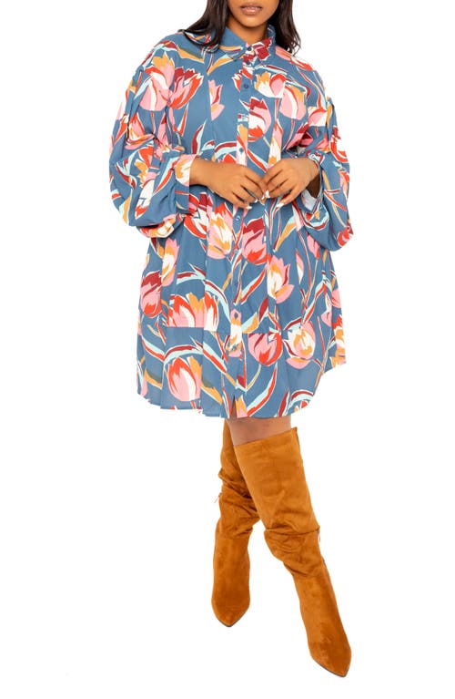 BUXOM COUTURE Floral Balloon Long Sleeve Shirtdress Teal Multi at Nordstrom, X