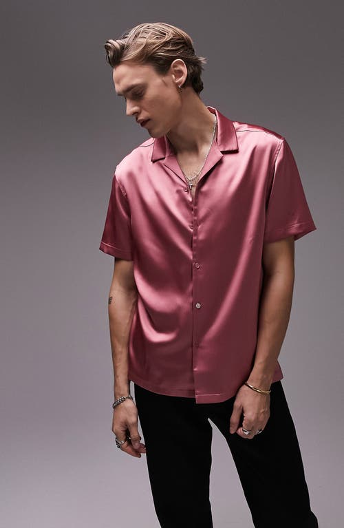 Topman Short Sleeve Satin Button-Up Shirt in Pink