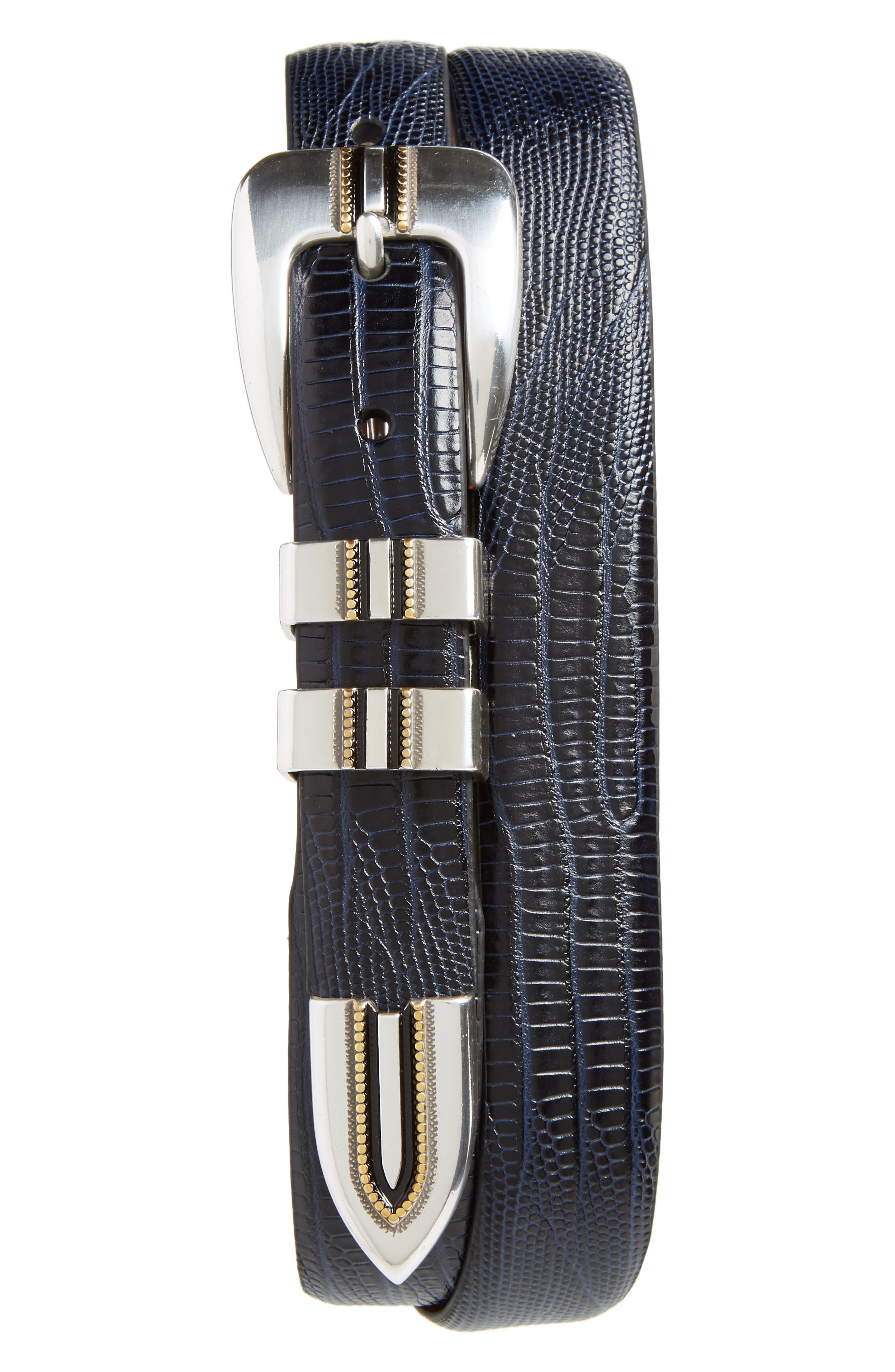 Johnston & Murphy Lizard Embossed Calfskin Belt, Navy