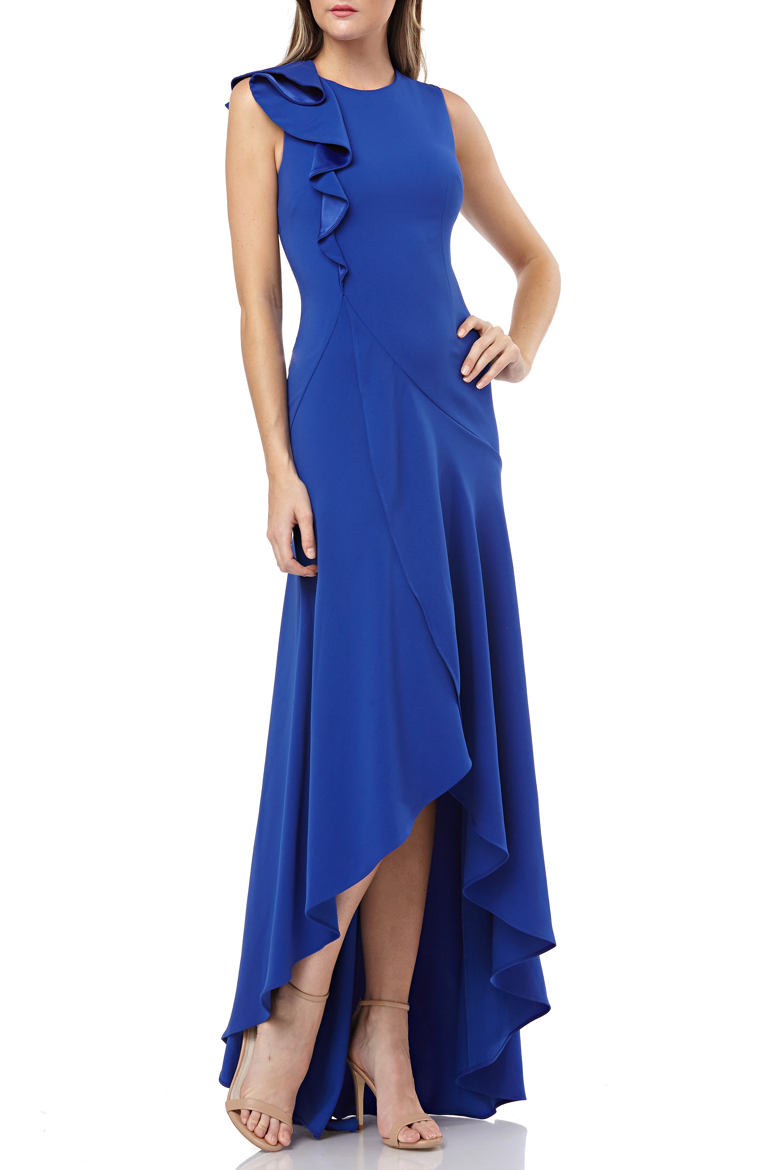 Carmen Marc Valvo Infusion Ruffle Shoulder High/low Gown, Blue