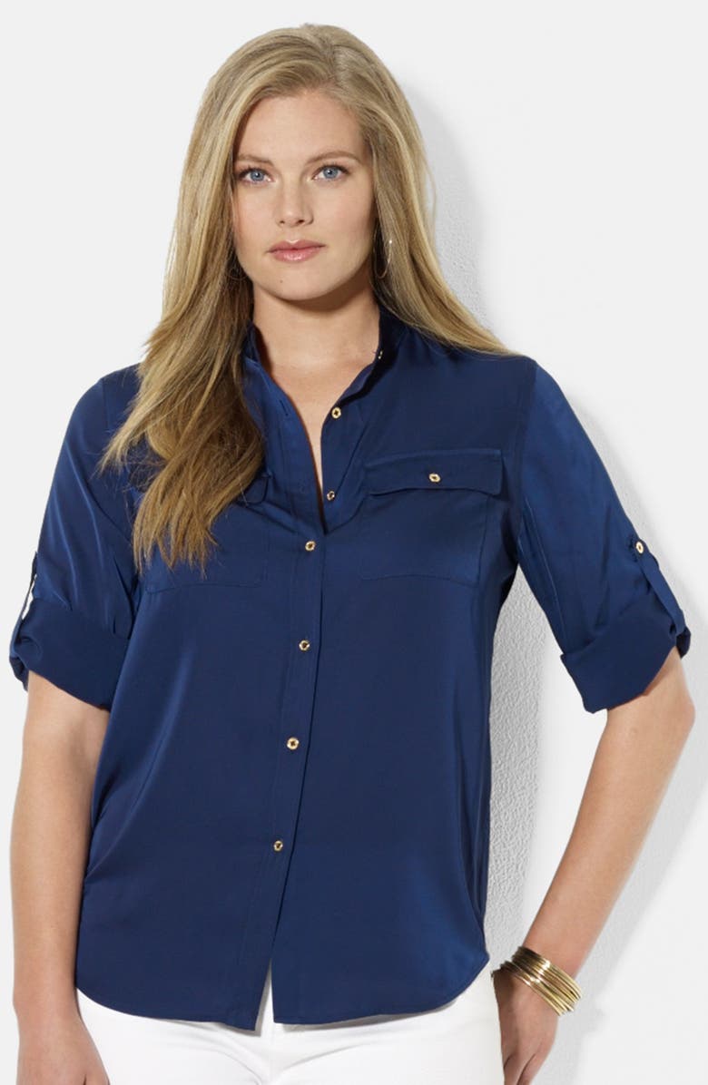 Lauren Ralph Lauren Roll Tab Sleeve Satin Shirt (Plus Size) | Nordstrom