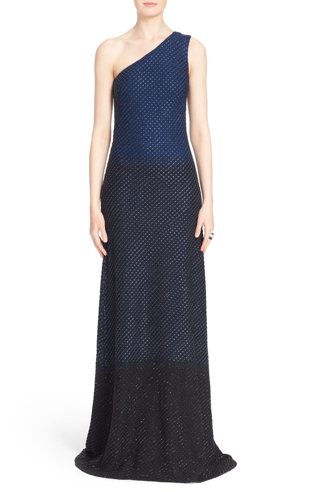 St. John Collection Crystal Embellished Dégradé Knit OneShoulder Gown