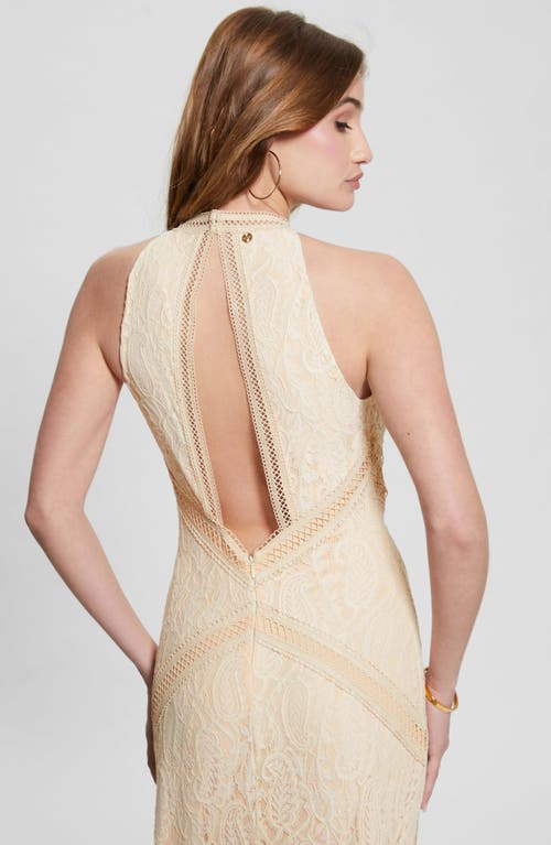 Guess Women's New Liza Lace Halter Sleeveless Gown In Pearl Oyster