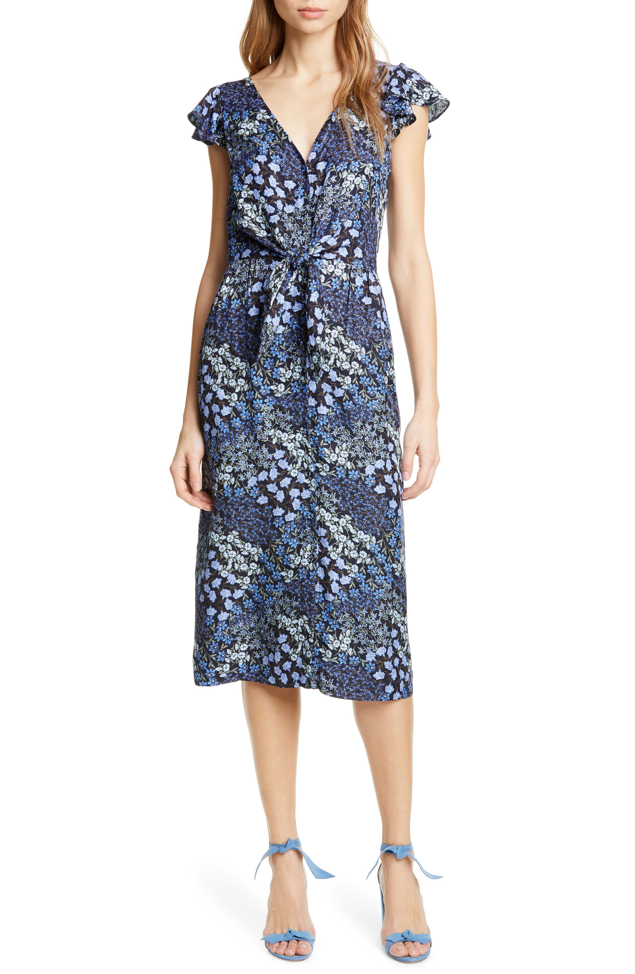 Rebecca Taylor Ava Tie Waist Silk Dress, Blue