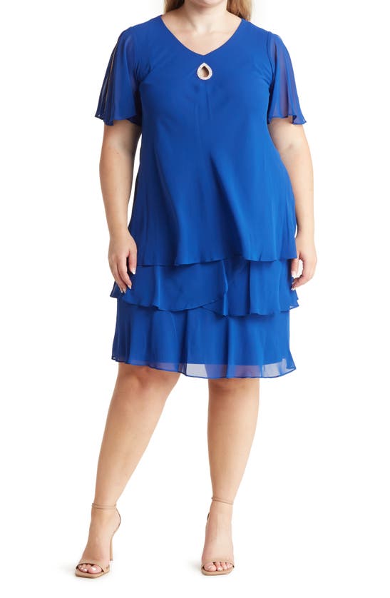 Marina Crystal Teardrop Tiered Chiffon Sheath Cocktail Dress In Royal