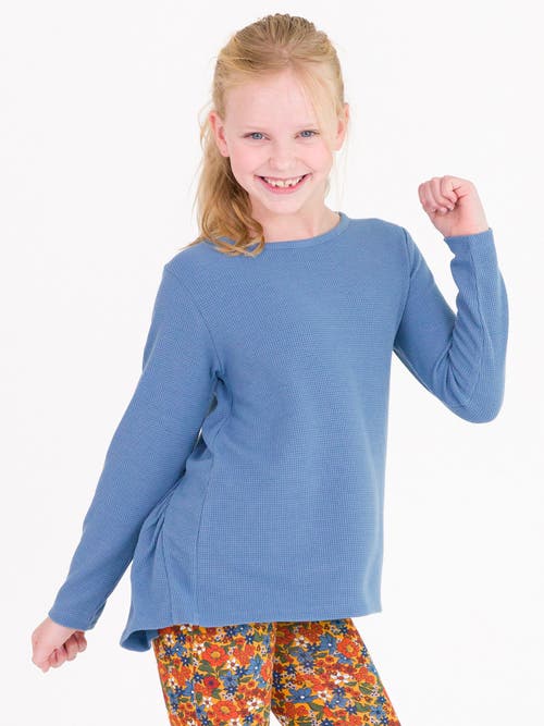 Shop Rufflebutts Girls Waffle Knit Long Sleeve Bow Back Top In Countryside Blue Waffle