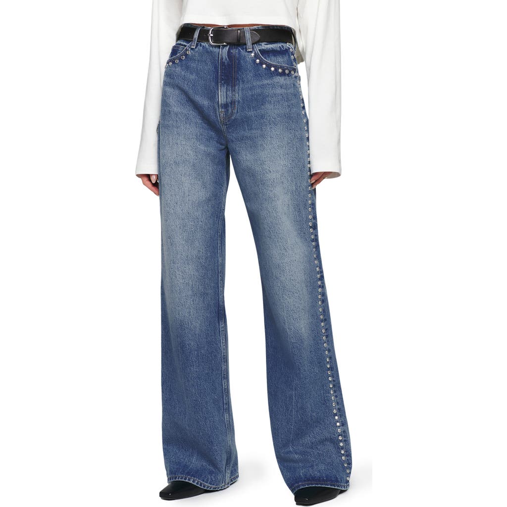 Shop Reformation Cary Studded High Waist Slouchy Wide Leg Jeans In Chesapeake Studded