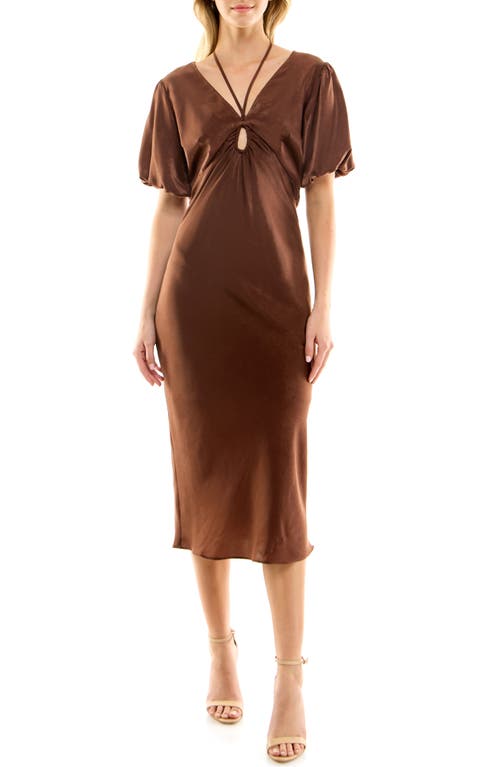 Puff Sleeve Hammered Satin Dress in Chocolate Brown