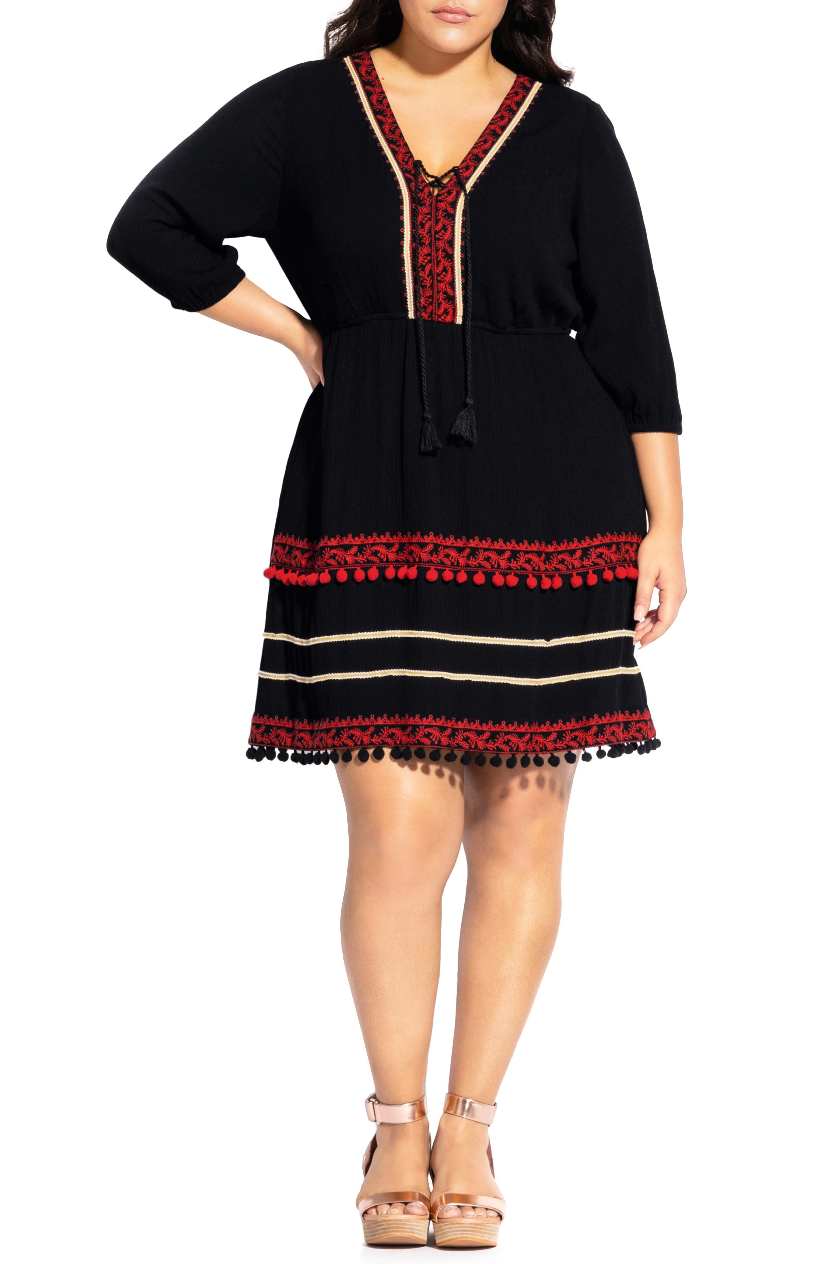 Plus Size City Chic In The Details Embroidered Pompom Trim Dress, Black
