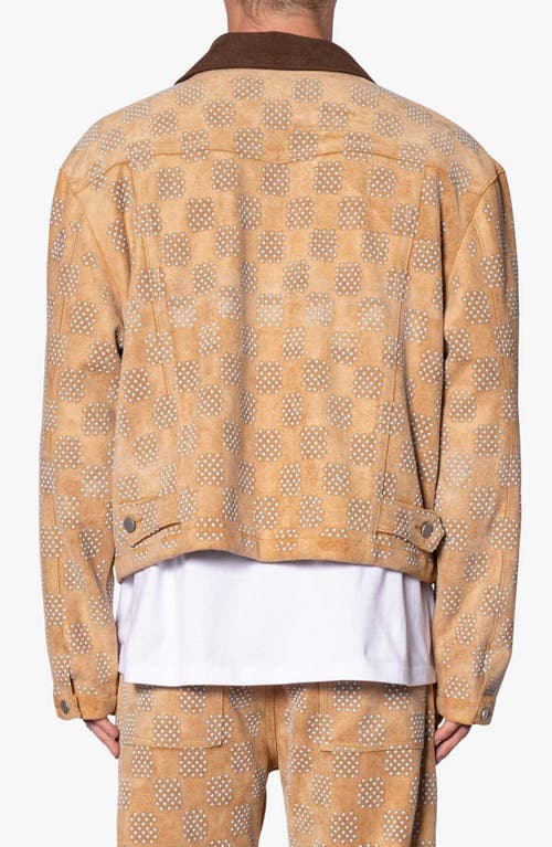 Mnml Studded Turquoise Checker Corduroy Collar Trucker Jacket In Tan