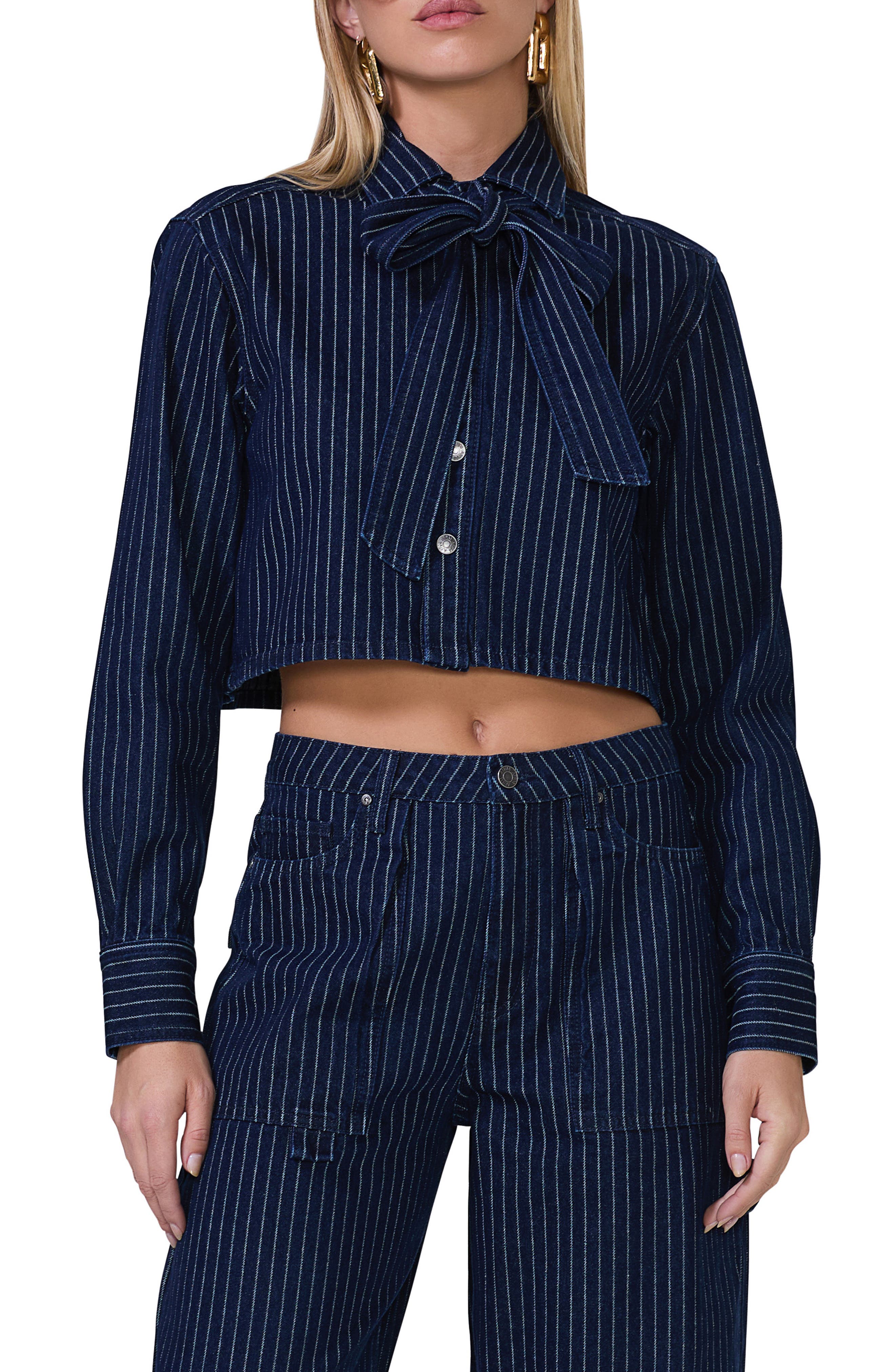 AFRM Cece Pinstripe Crop Denim Jacket in Dark Wash 