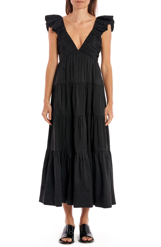 La Ligne Anais Ruffle Linen Blend Midi Dress In Black