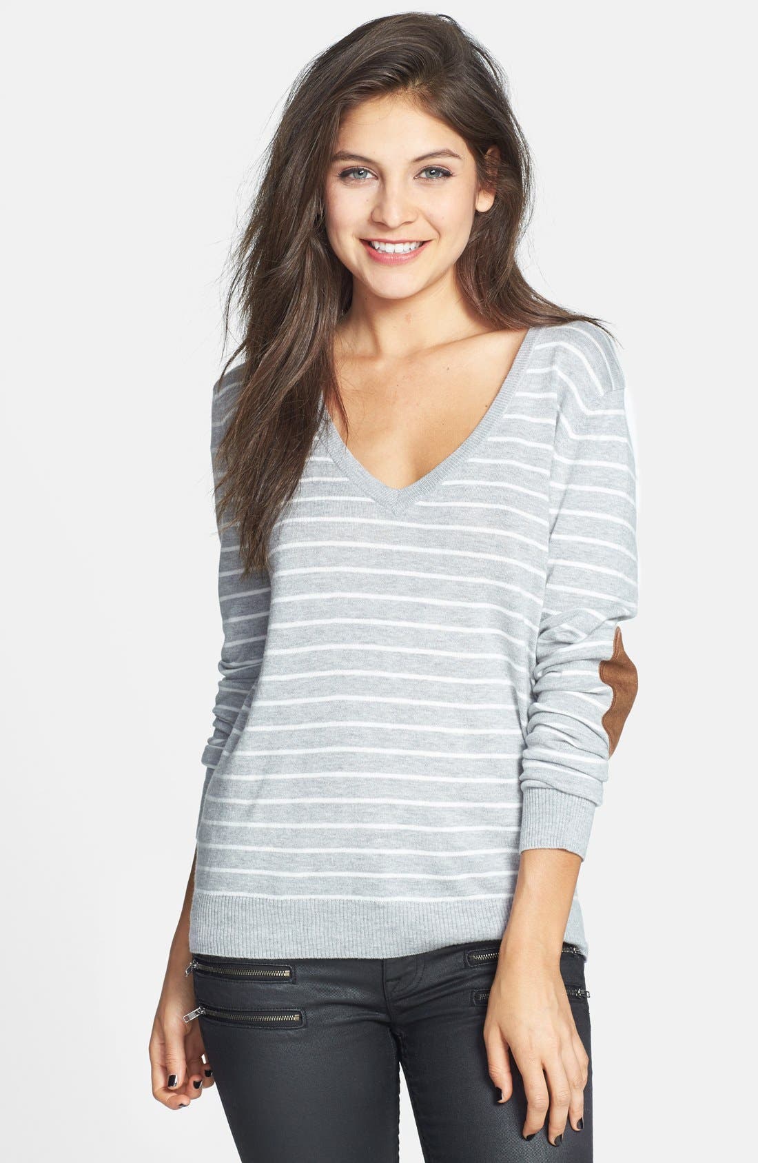BP. Stripe Elbow Patch VNeck Sweater (Juniors) Nordstrom