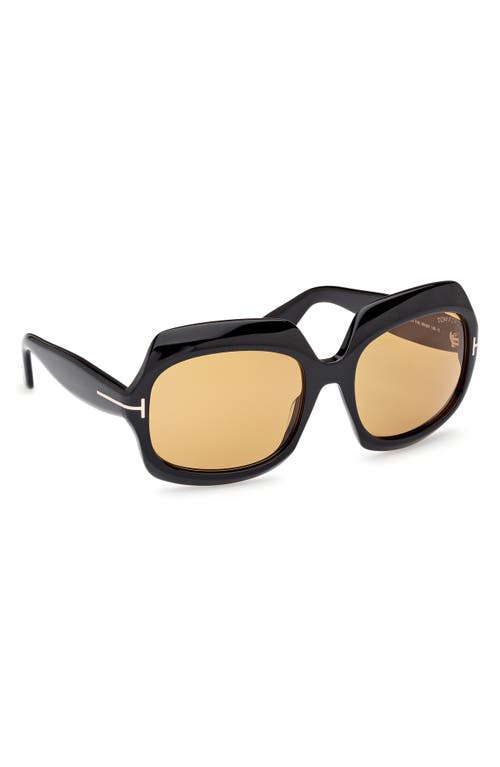 Shop Tom Ford Ren 60mm Geometric Sunglasses In Shiny Black/amber