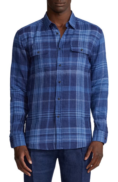 Ralph Lauren Purple Label Cooper Plaid Linen Sport Shirt Indigo Blue Multi at Nordstrom,