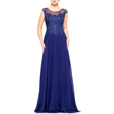 Marsoni Illusion Embellished Lace & Chiffon Gown, Blue