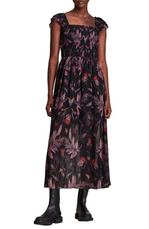 AllSaints Mali Harris Floral Smocked Midi Dress in Black