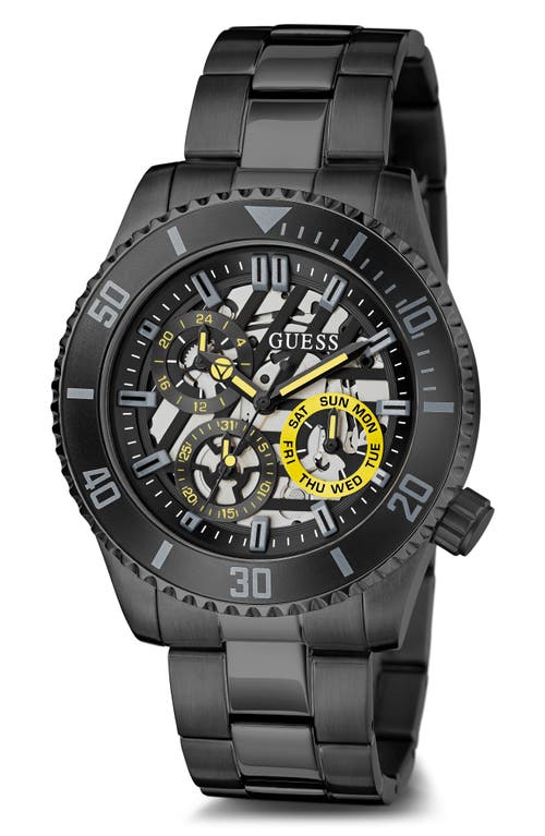 GUESS Multifunction Skeleton Bracelet Watch, 45mm in Black/black/black at Nordstrom