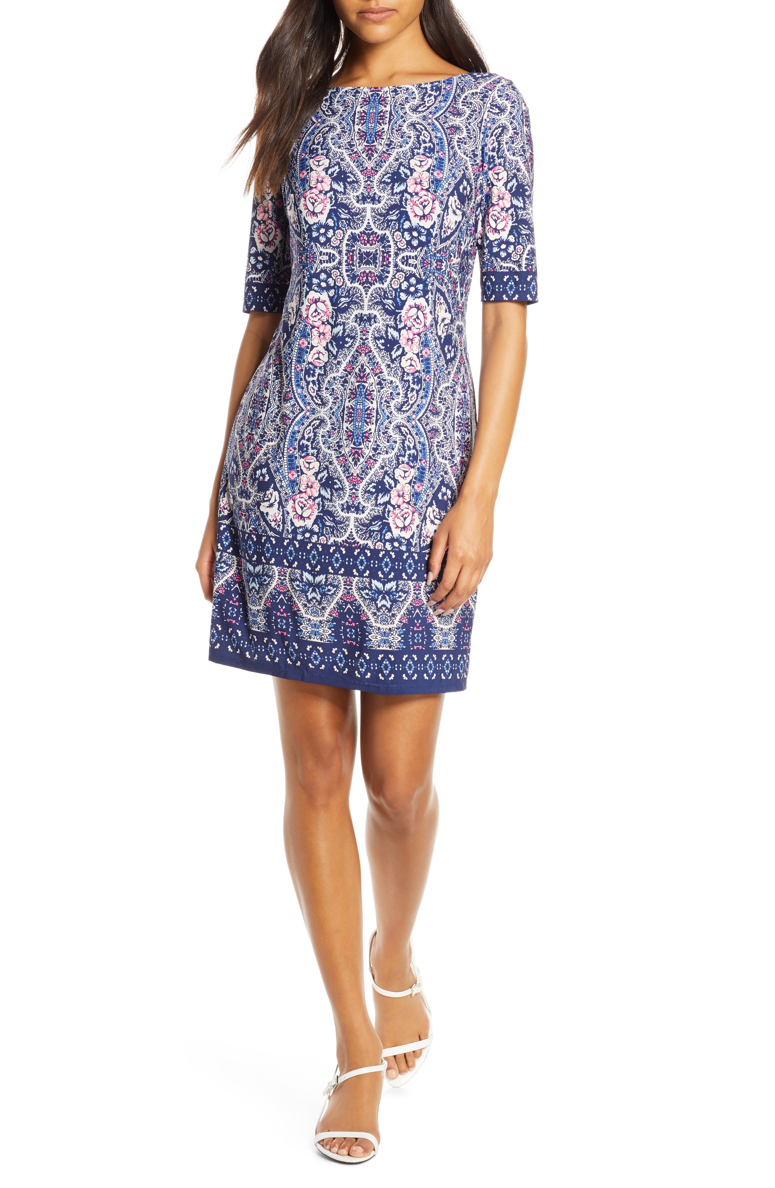 Petite Eliza J Print Bateau Neck Shift Dress, Blue