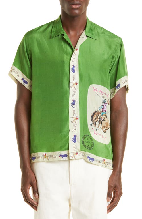 Bode Round Up Short Sleeve Silk Button-Up Shirt in Green Multi