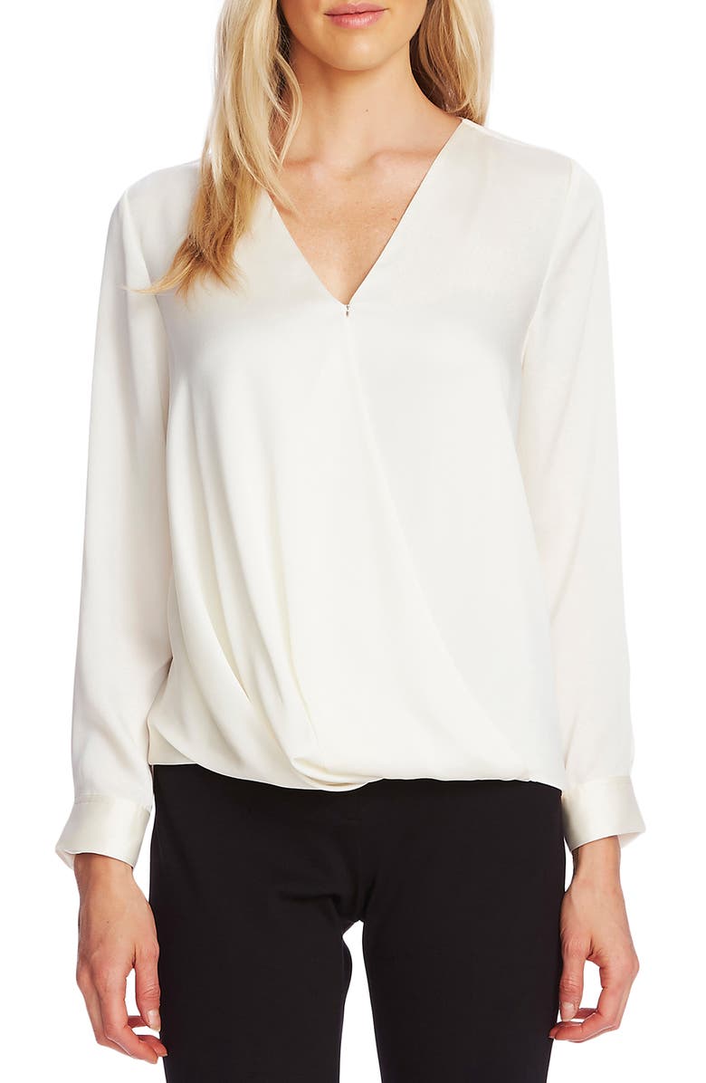 VINCE CAMUTO Faux Wrap Satin Blouse, Main, color, PEARL IVORY