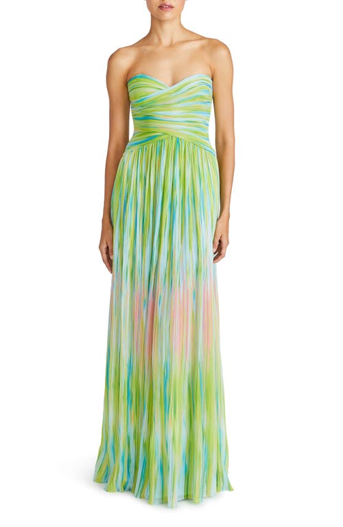 Mila Pleated Print Strapless Chiffon Gown in Electric Stripe
