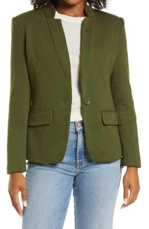 Inverted Notch Collar Cotton Blend Knit Blazer in Deep Green