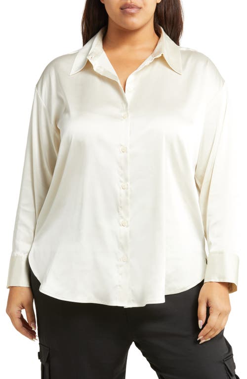 High-Low Satin Button-Up Shirt in Ivory Dove