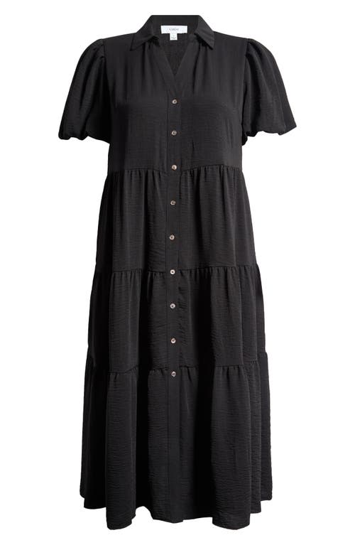 Cece Puff Sleeve Tiered Maxi Shirtdress In Rich Black