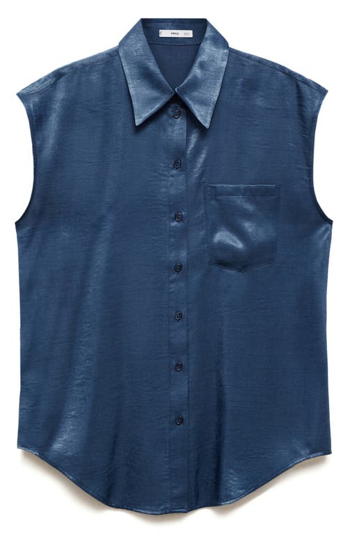 Shop Mango Hammered Satin Cap Sleeve Button-up Shirt In Blue