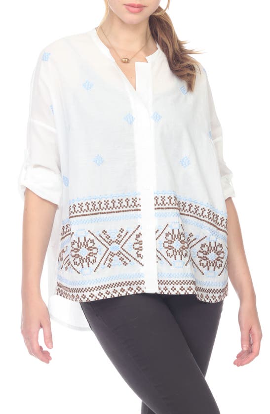 Rain Embroidered Button Front Tunic Top In White